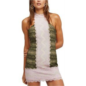 Free People Natasha Pink Green lace halter  mini bodycon dress